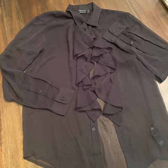 ASOS -sheer ruffle neck button up long sleeve - Picture 1 of 2